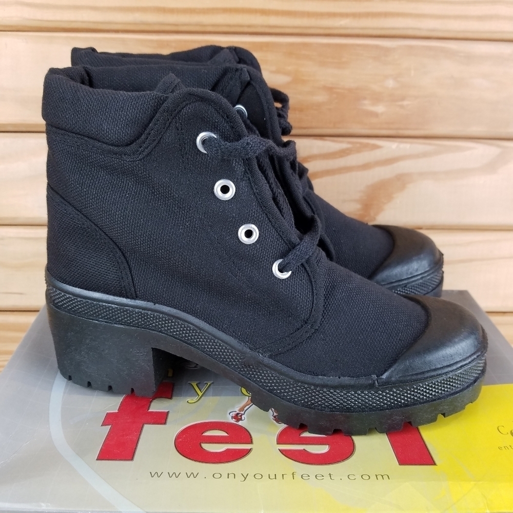NEW Black Canvas Boots Combat Military Biker Moto Ankle Lace up 6.5 M Heeled